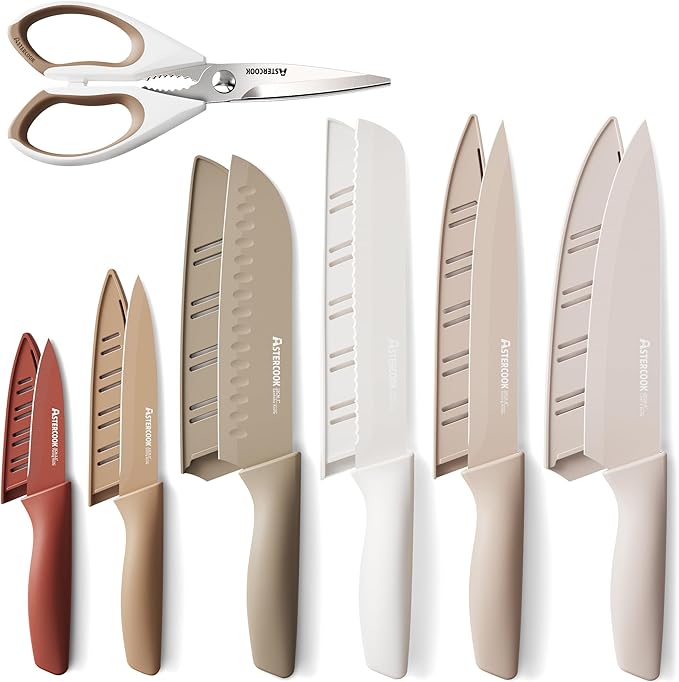 This 13-piece kitchen knife set features a healthy, rust-resistant coating, is dishwasher safe, and is made of stainless steel. It includes 6 blade protectors and is the perfect holiday gift for the kitchen.