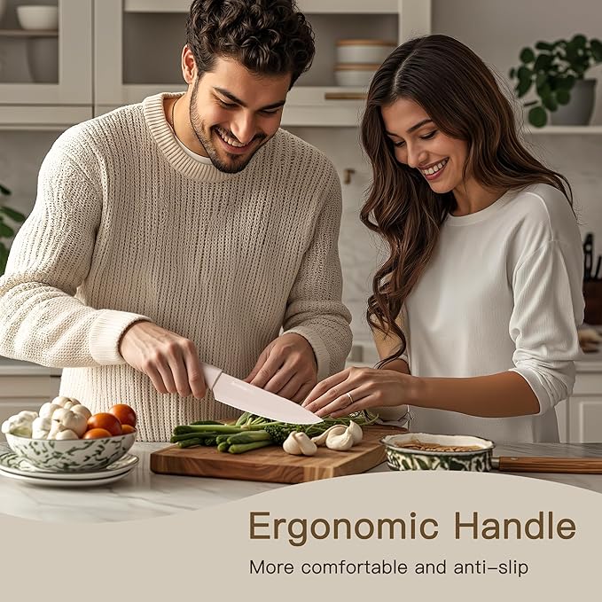 This 13-piece kitchen knife set features a healthy, rust-resistant coating, is dishwasher safe, and is made of stainless steel. It includes 6 blade protectors and is the perfect holiday gift for the kitchen.